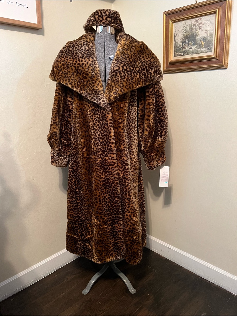 Vintage Faux Fur Leopard Print Mob Wife Coat Oversize Collar & Headband Medium